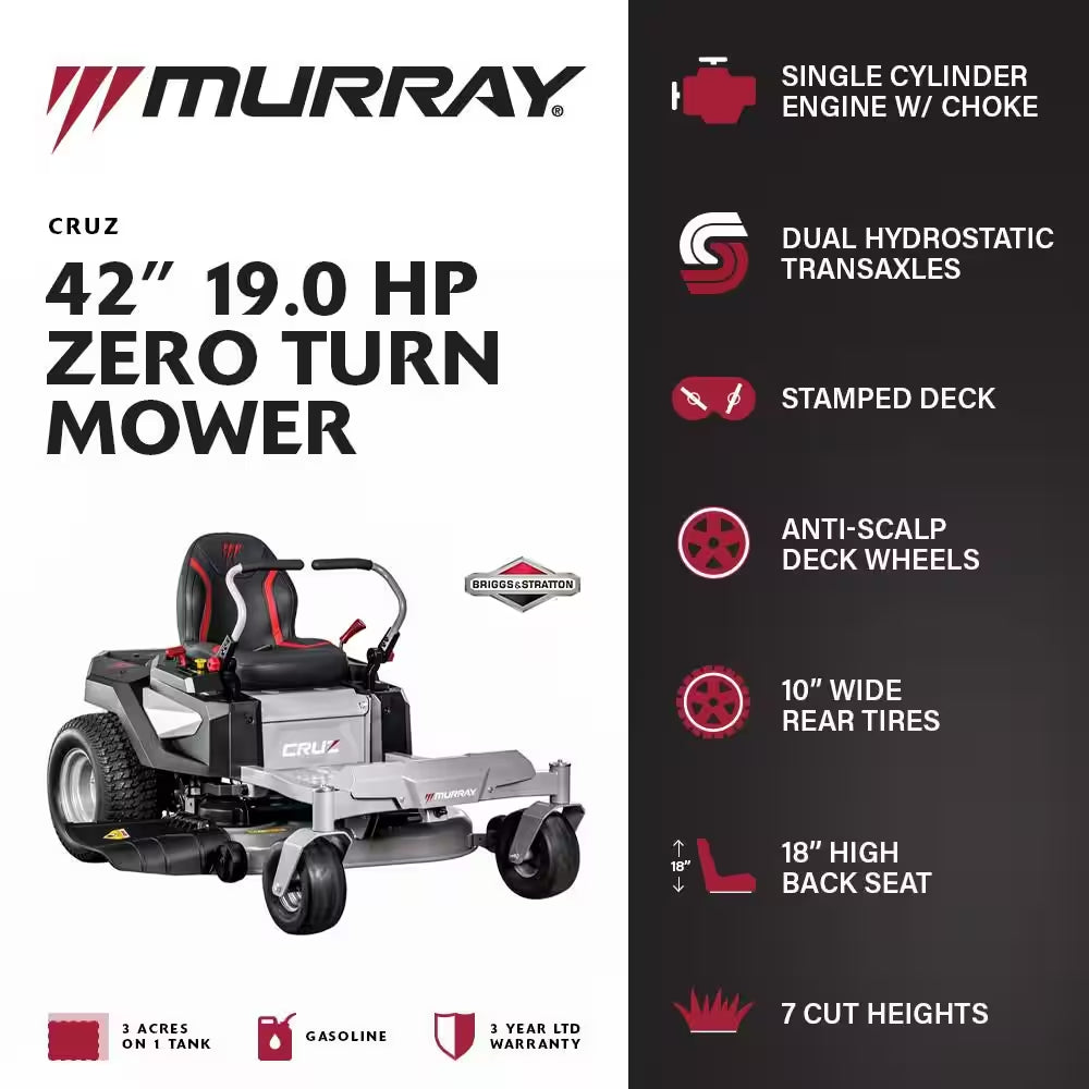 Cruz 42 In. 19.0 HP 540Cc EX1900 Series Briggs and Stratton Engine Dual Hydrostatic Drive Gas Zero Turn Mower