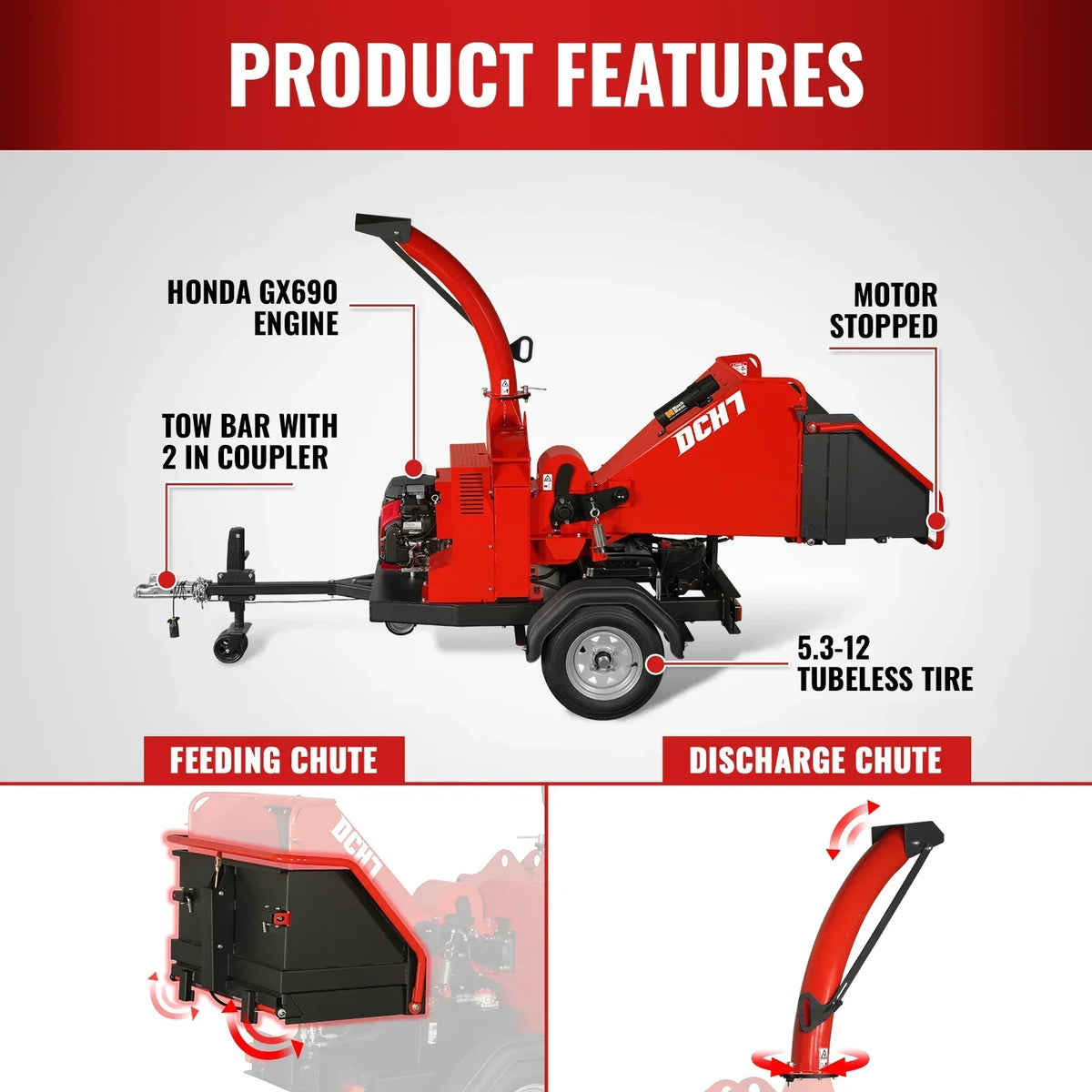 HONDA GX690 22HP 688cc Twin Cylinder Gasoline Engine Powered 7” Hydraulic Feeding Wood Chipper, DCH7